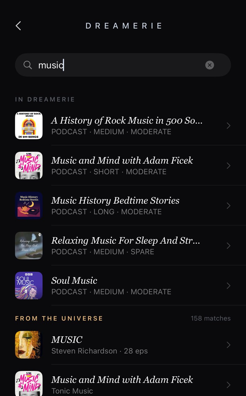 Searching for a podcast to add, showing matches inside Dreamerie and from the wider podcast universe