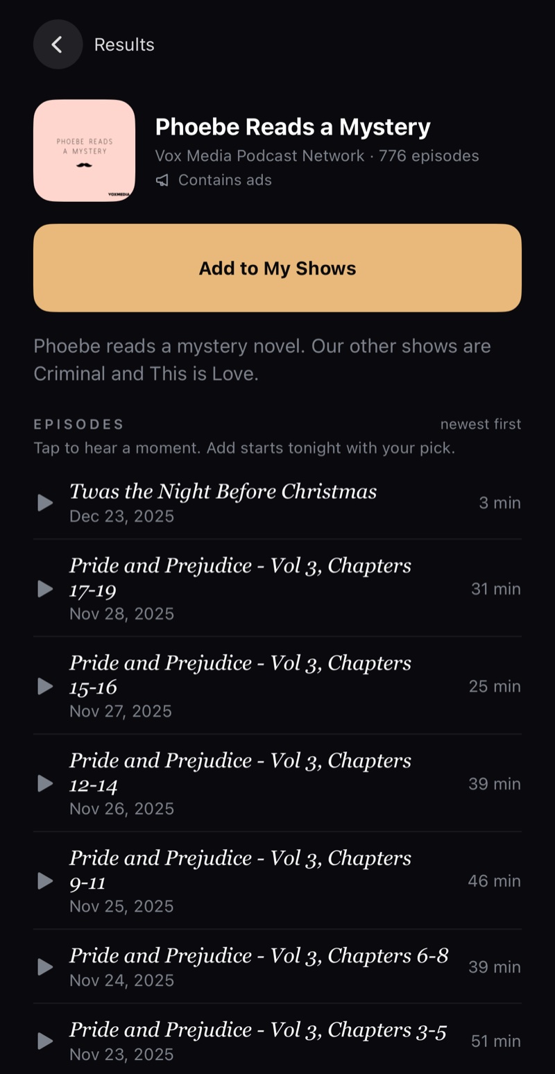 A podcast from outside the library, Phoebe Reads a Mystery, with an Add to My Shows button above its episodes
