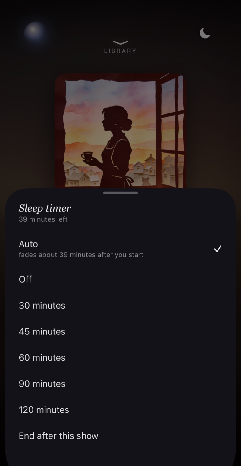 The sleep timer set to Auto, which fades about 39 minutes after you start, above Off and fixed times from 30 to 120 minutes